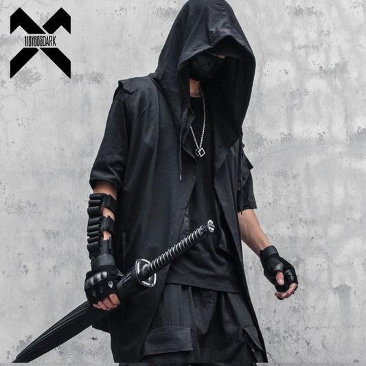 Dark Black Hooded Wizard Vest Coat Men