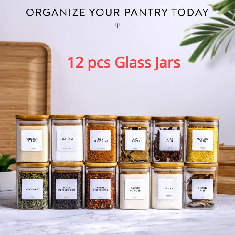12 Pcs Glass Food Storage Containers Set - Square or Round Seasoning Jars with Bamboo Lids and Printed Labels for Kitchen Organization
