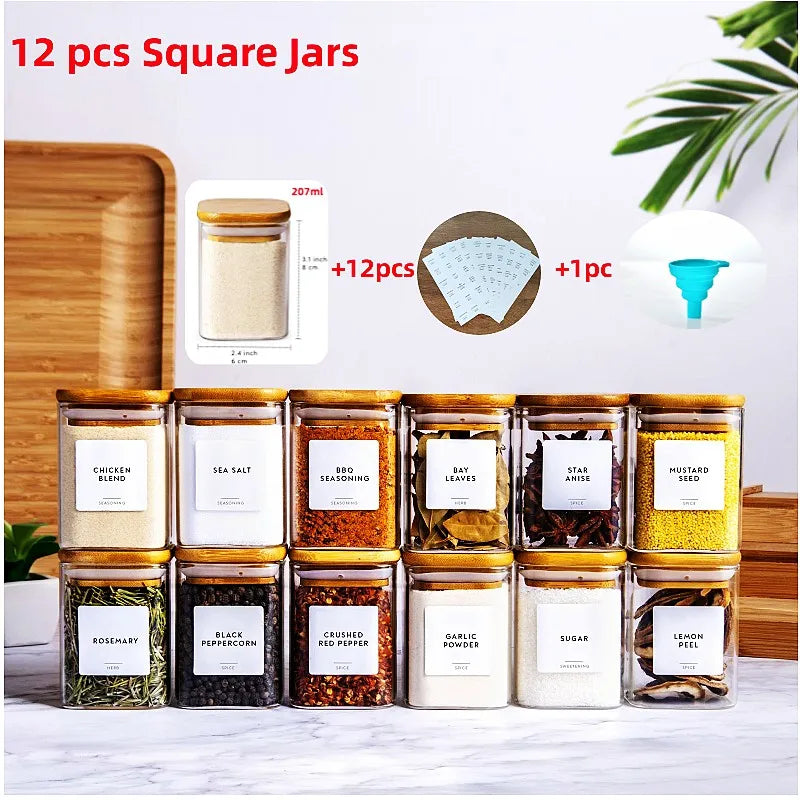 12 Pcs Glass Food Storage Containers Set - Square or Round Seasoning Jars with Bamboo Lids and Printed Labels for Kitchen Organization