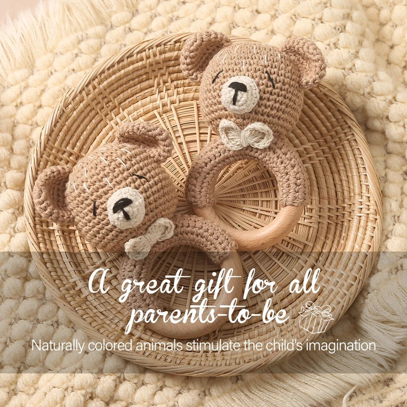 1Pc Crochet Animal Bear Rattle Toy with Wooden Teether Ring - Soother Bracelet, Crib Mobile for Newborns, Ideal Baby Gift