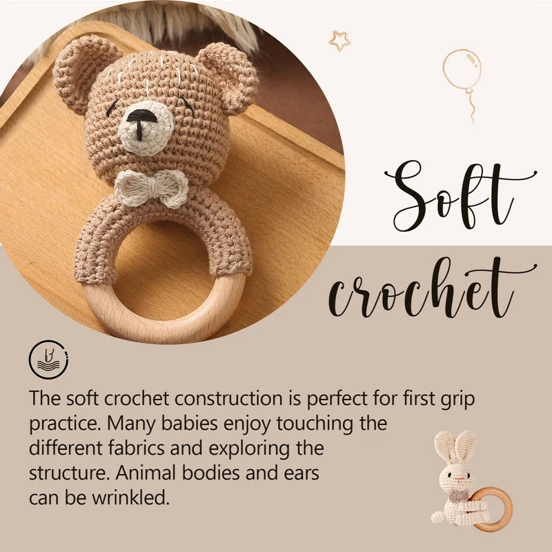 1Pc Crochet Animal Bear Rattle Toy with Wooden Teether Ring - Soother Bracelet, Crib Mobile for Newborns, Ideal Baby Gift