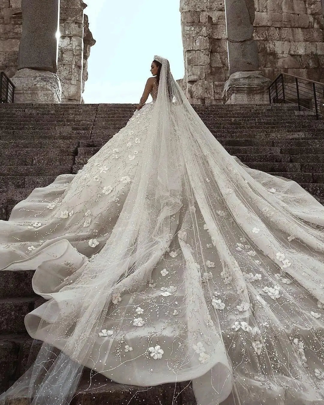 Luxury Ball Gown Wedding Dress - Long Sleeves, Crystal Beaded 3D Flowers Lace, Plus Size Saudi Arabic Dubai Bridal Gown