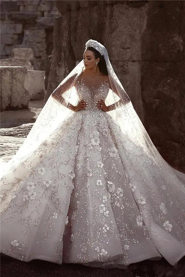 Luxury Ball Gown Wedding Dress - Long Sleeves, Crystal Beaded 3D Flowers Lace, Plus Size Saudi Arabic Dubai Bridal Gown