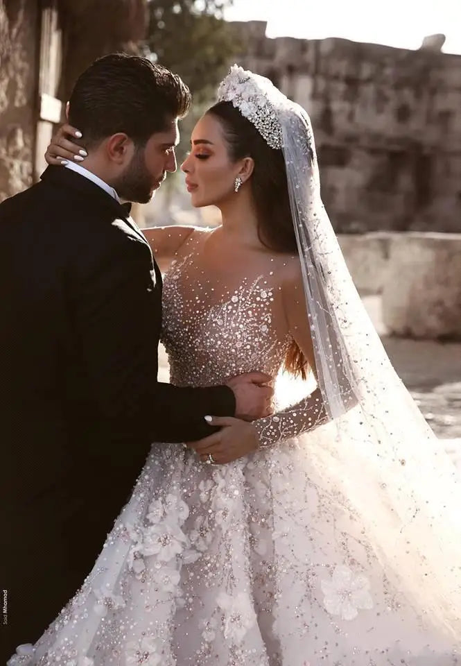 Luxury Ball Gown Wedding Dress - Long Sleeves, Crystal Beaded 3D Flowers Lace, Plus Size Saudi Arabic Dubai Bridal Gown