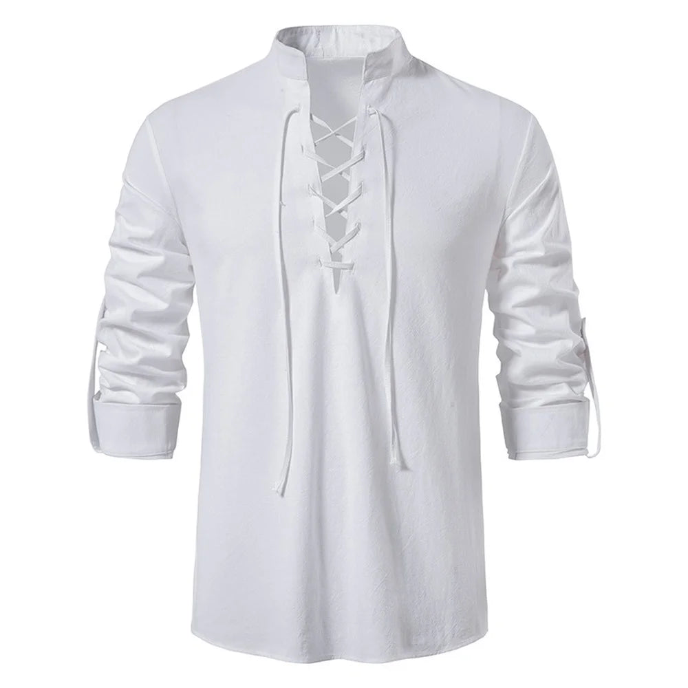 Men's Casual Cotton Linen Shirt Tops, Long Sleeve Tee Shirt for Spring Autumn, Slanted Placket Vintage Yoga Shirts