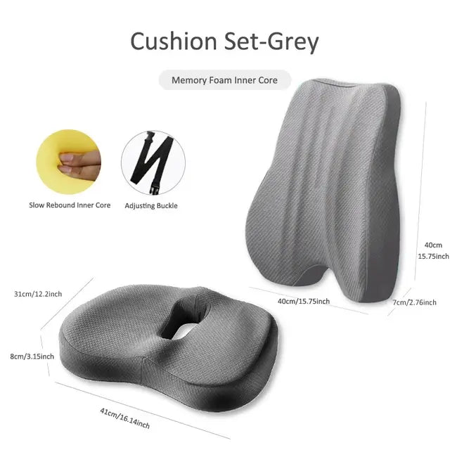 Memory Foam Seat Cushion & Back Support Pillow Set - Orthopedic Ergonomic Comfort
