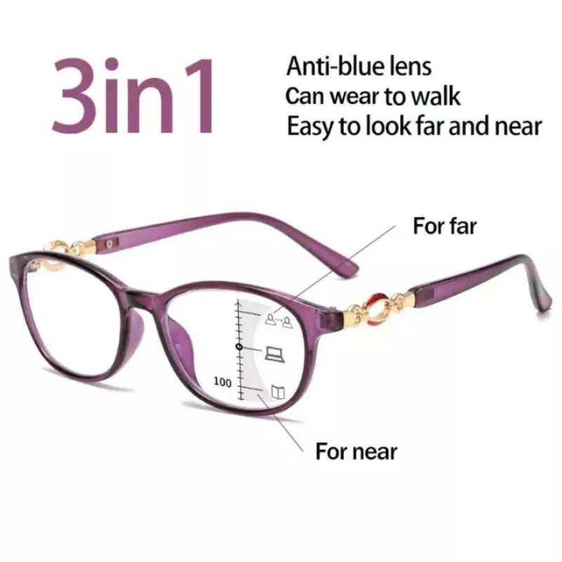 FG New 3-in-1 Progressive Multifocal Reading Glasses for Women - Anti-Blue Light Eyeglasses, Ranging +1.0 to +4.0 Ad Pro