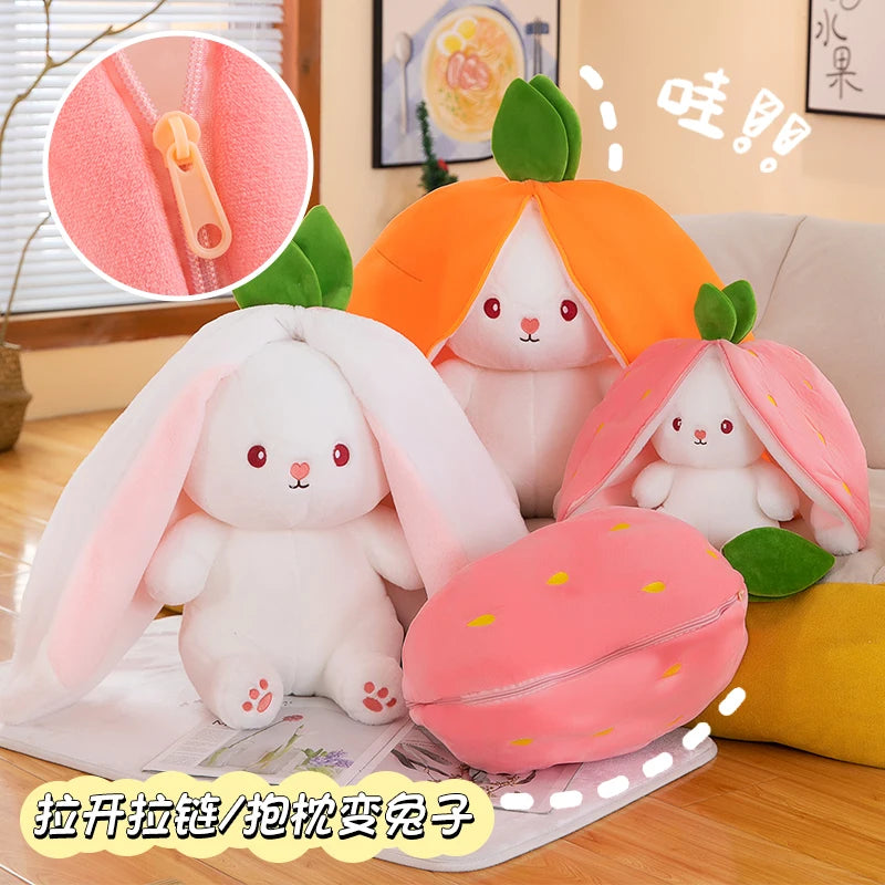 Transformable Strawberry Rabbit Plush Dolls with Carrot Pillow in Various Sizes