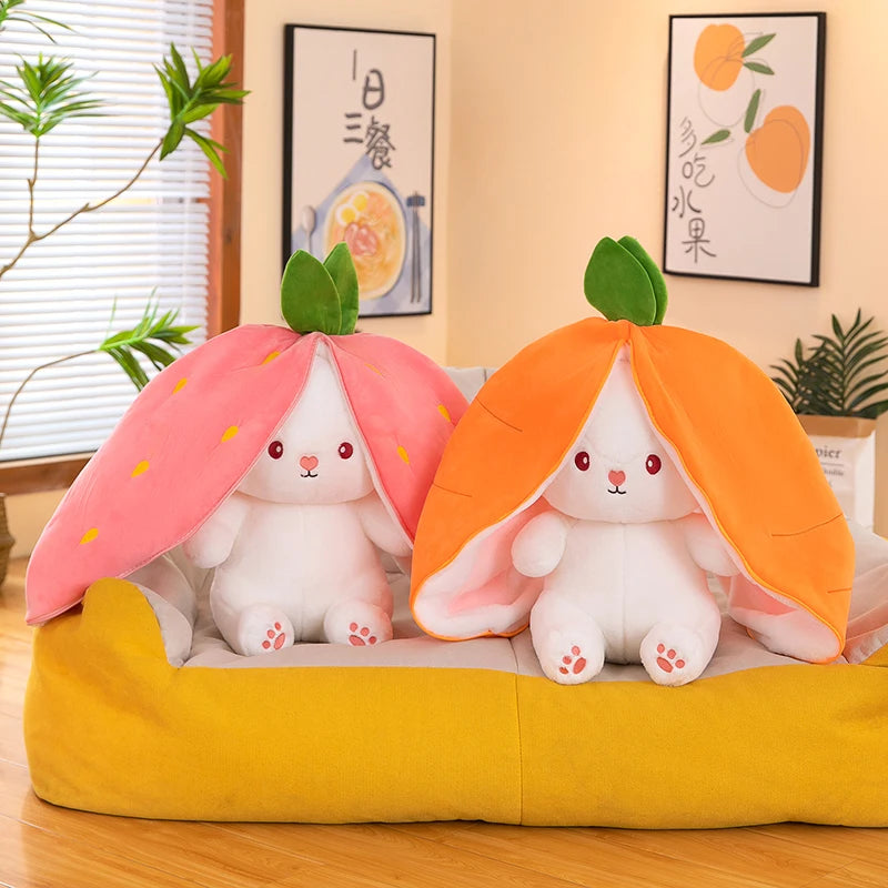 Transformable Strawberry Rabbit Plush Dolls with Carrot Pillow in Various Sizes