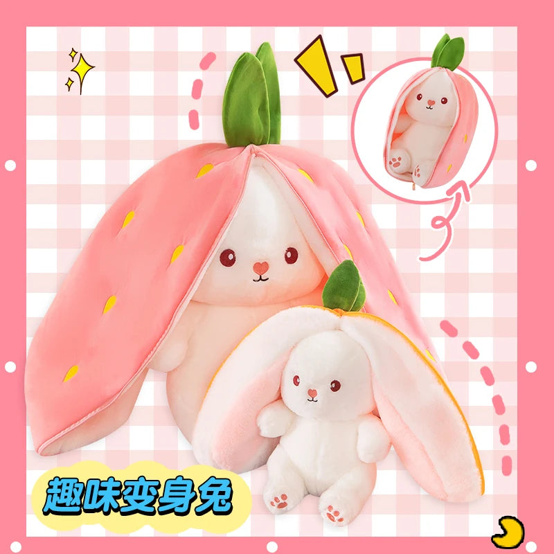 Transformable Strawberry Rabbit Plush Dolls with Carrot Pillow in Various Sizes