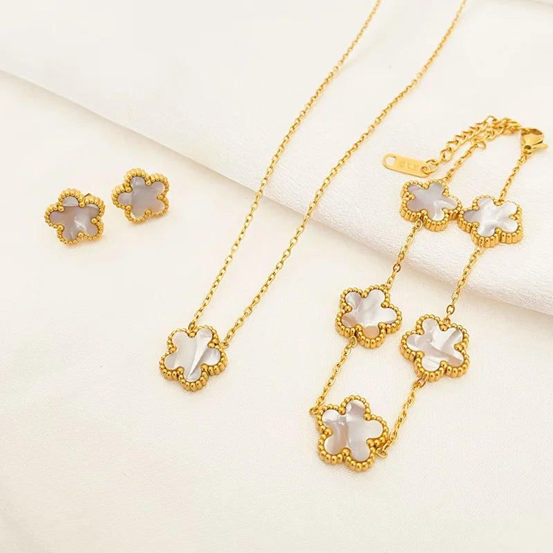 3-Piece Luxury Jewelry Set for Women - Five Leaf Flower Pendant Necklace, Earrings, Bracelet in Trendy Stainless Steel