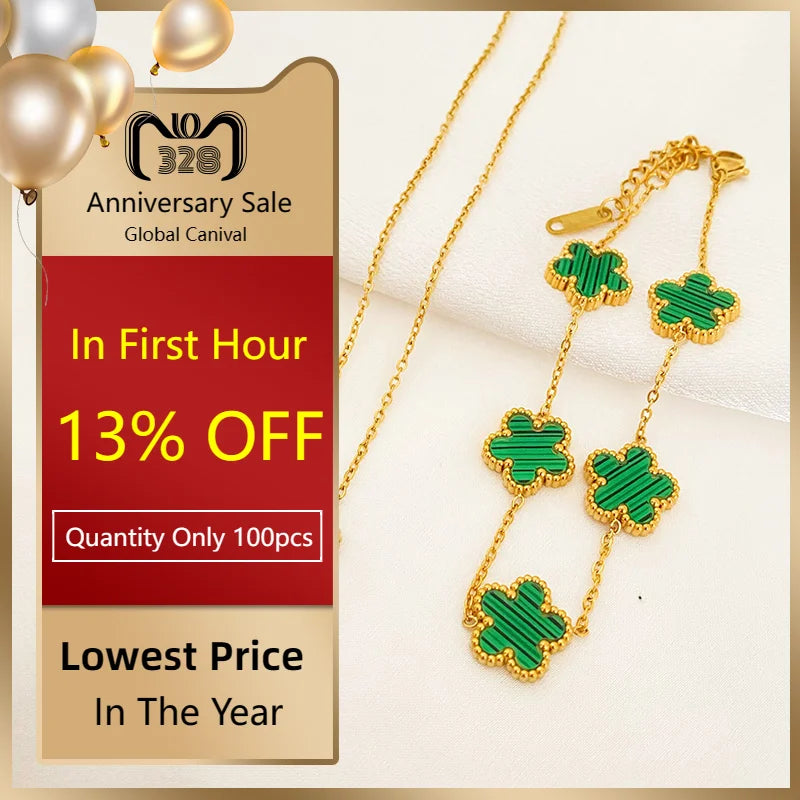 3-Piece Luxury Jewelry Set for Women - Five Leaf Flower Pendant Necklace, Earrings, Bracelet in Trendy Stainless Steel