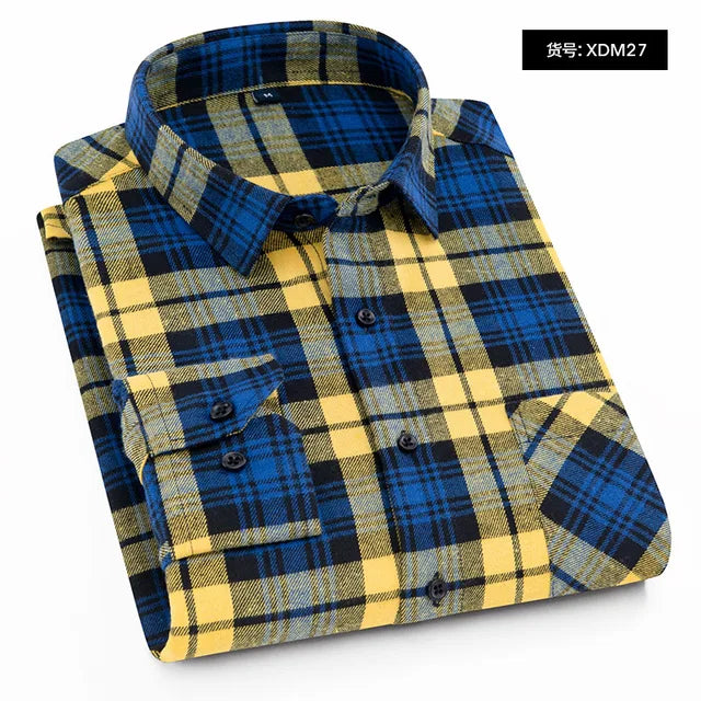 2024 Autumn-Winter Men's Plaid Flannel Shirt: Long Sleeve Red Checkered Cotton