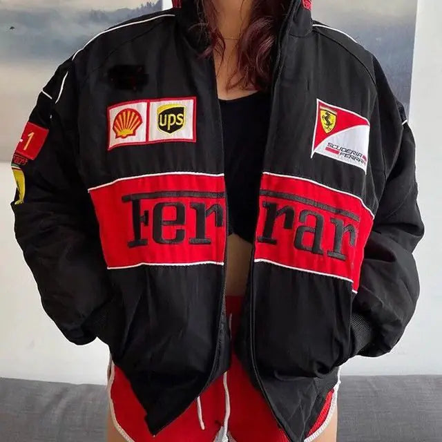 Step into Style with Our Embroidered Casual Zipper Long Sleeve Racing Jacket