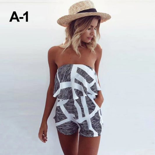 2024 Summer Women's High-Waist V-Neck Jumpsuit - Striped Print with Ruffle Edge