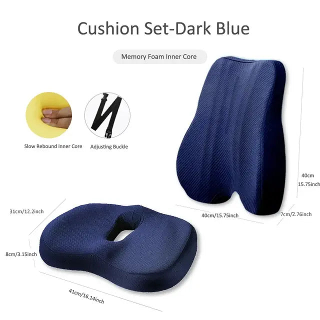 Memory Foam Seat Cushion & Back Support Pillow Set - Orthopedic Ergonomic Comfort