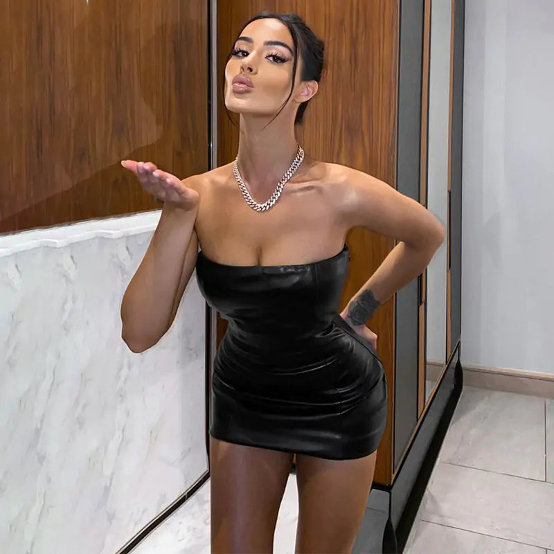 Leather Mini Dress - Strapless Bodycon Fit for a Glamorous Night Out