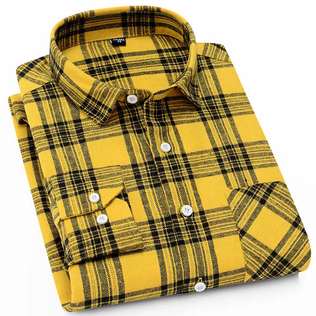 2024 Autumn-Winter Men's Plaid Flannel Shirt: Long Sleeve Red Checkered Cotton
