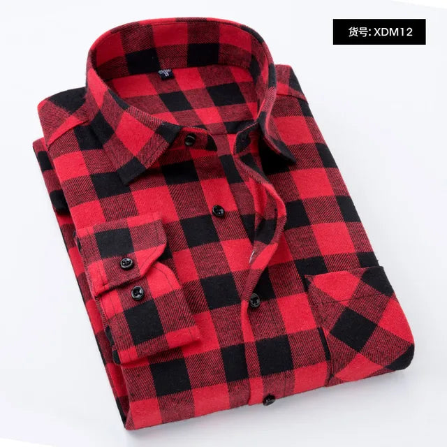 2024 Autumn-Winter Men's Plaid Flannel Shirt: Long Sleeve Red Checkered Cotton
