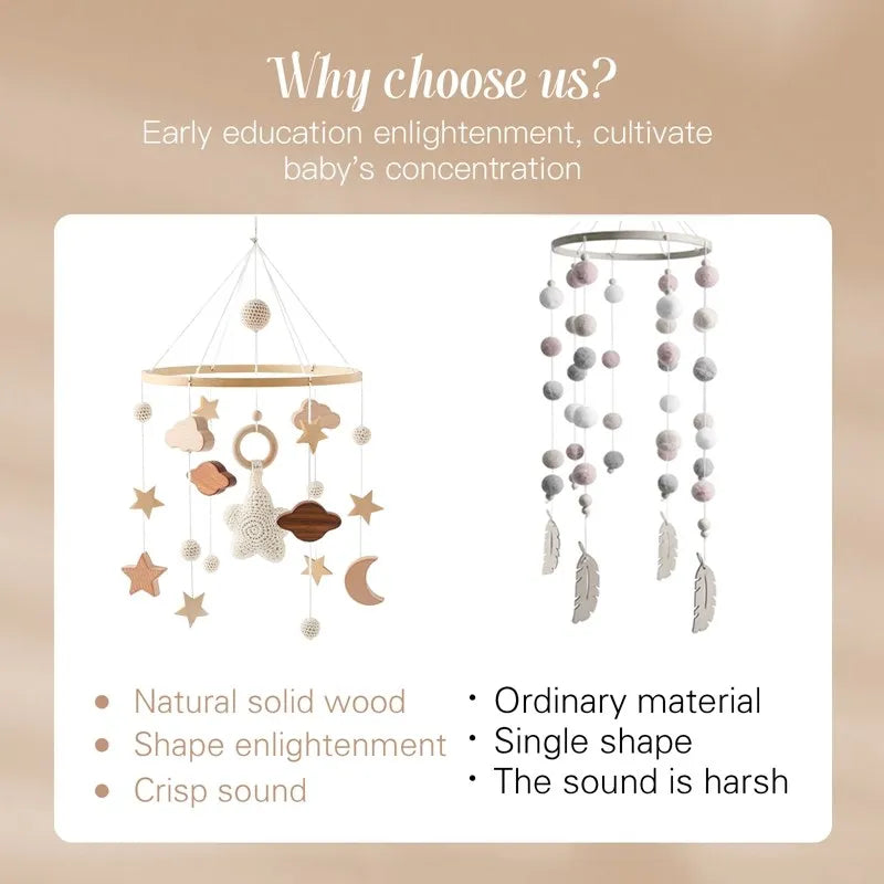 Wooden Mobile Baby Rattle Toy with Music Box for 0-12 Months - Crib Hanging Toys with Holder Bracket