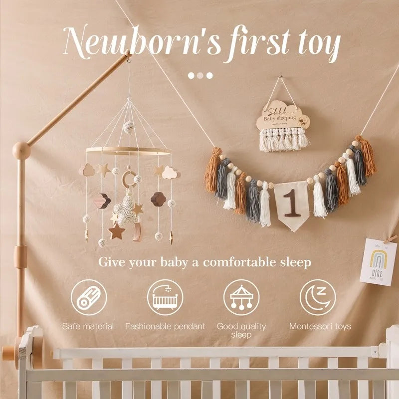 Wooden Mobile Baby Rattle Toy with Music Box for 0-12 Months - Crib Hanging Toys with Holder Bracket