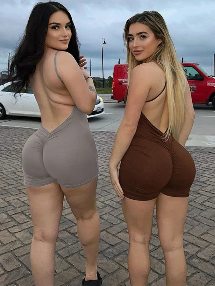 Sleek Backless Solid Playsuits: Sporty Sleeveless Fitness Rompers