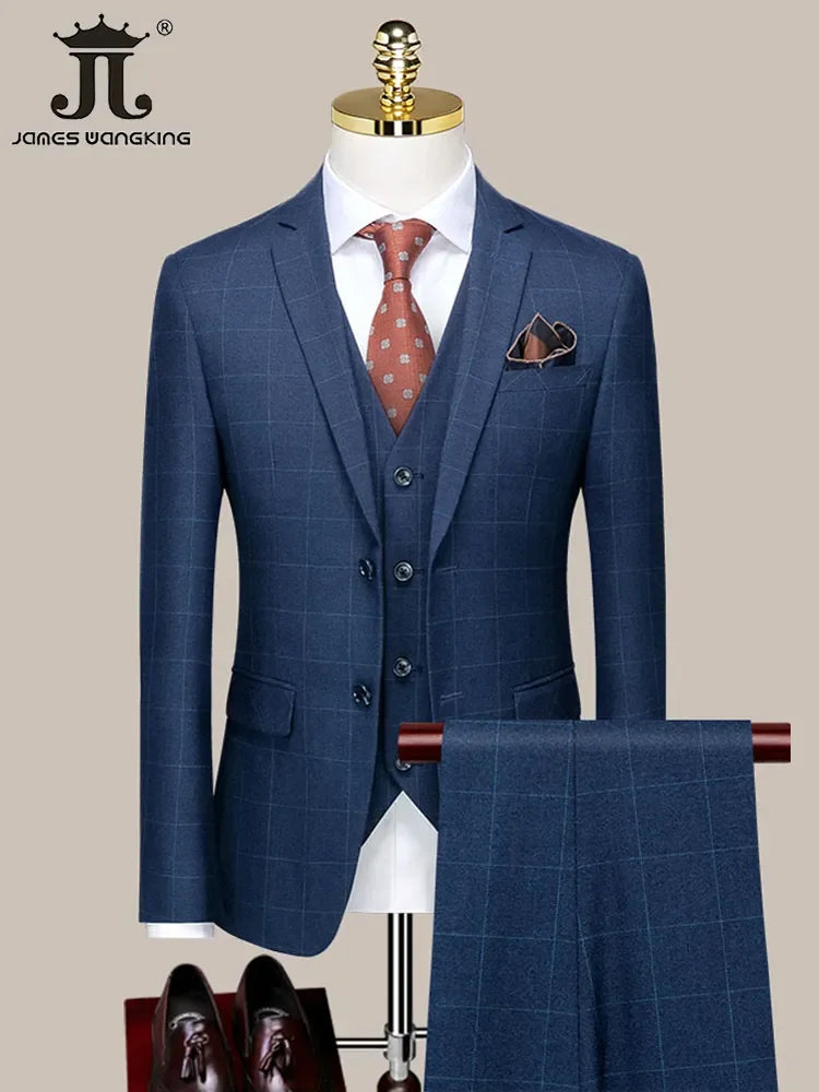 Luxury Boutique Plaid Casual Business Suit - High-End Brand Blazer, Vest, Pants Set, 3 Pcs and 2 Pcs Options, Groom Wedding Party Dress Jacket