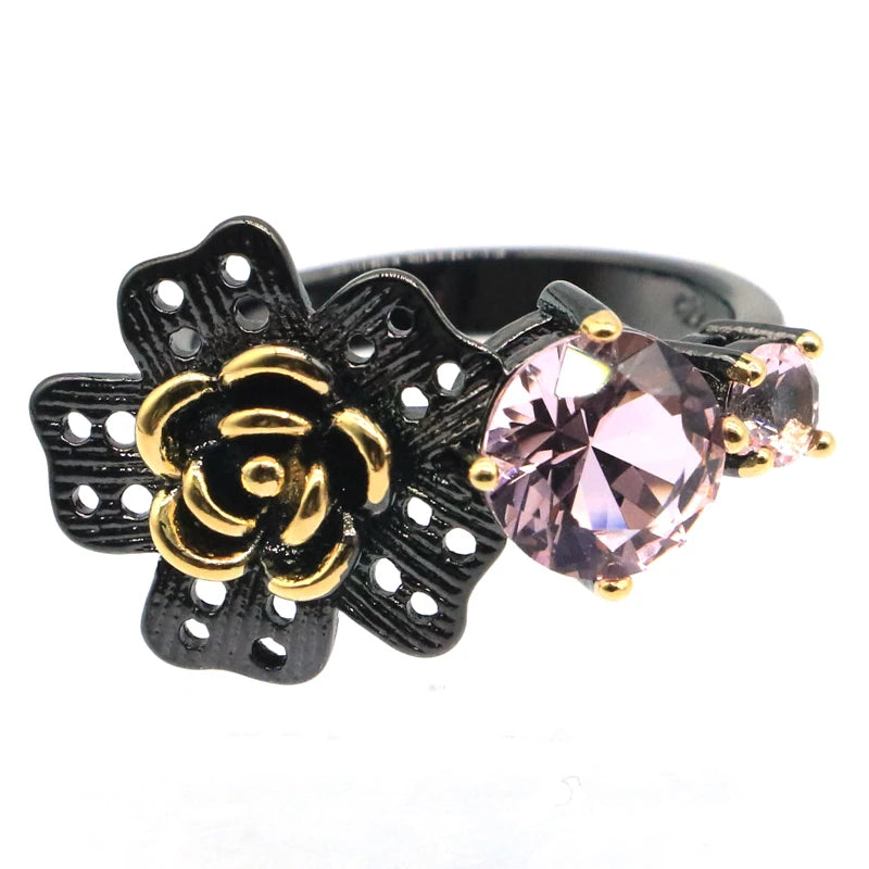 Buy 2 Get 1 Free - Neo-Gothic Silver Rings with Pink Tourmaline and Kunzite, 26x15mm, Cool Black Metal Design for Sister