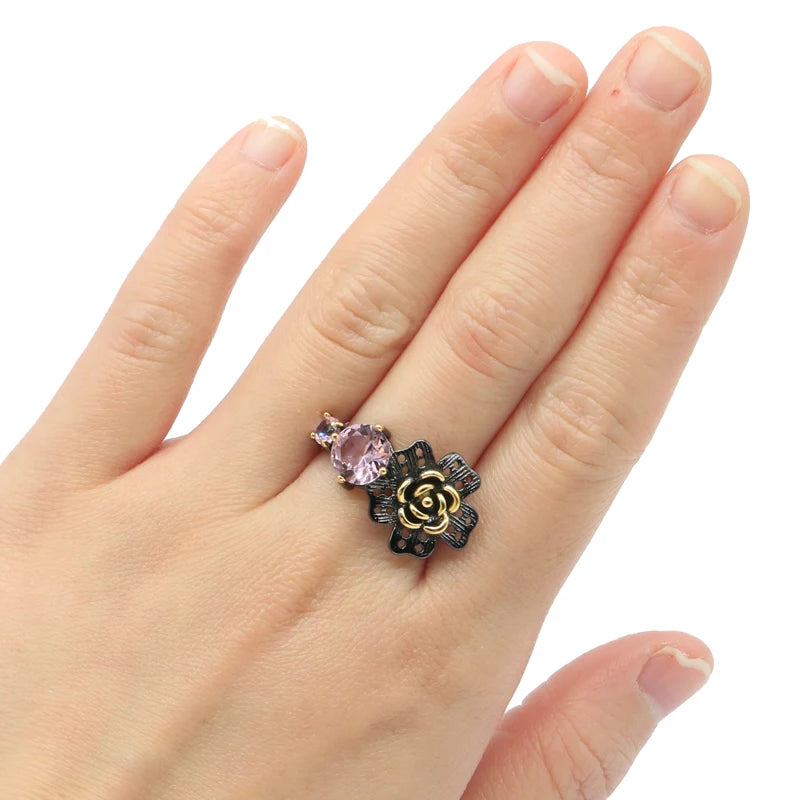Buy 2 Get 1 Free - Neo-Gothic Silver Rings with Pink Tourmaline and Kunzite, 26x15mm, Cool Black Metal Design for Sister