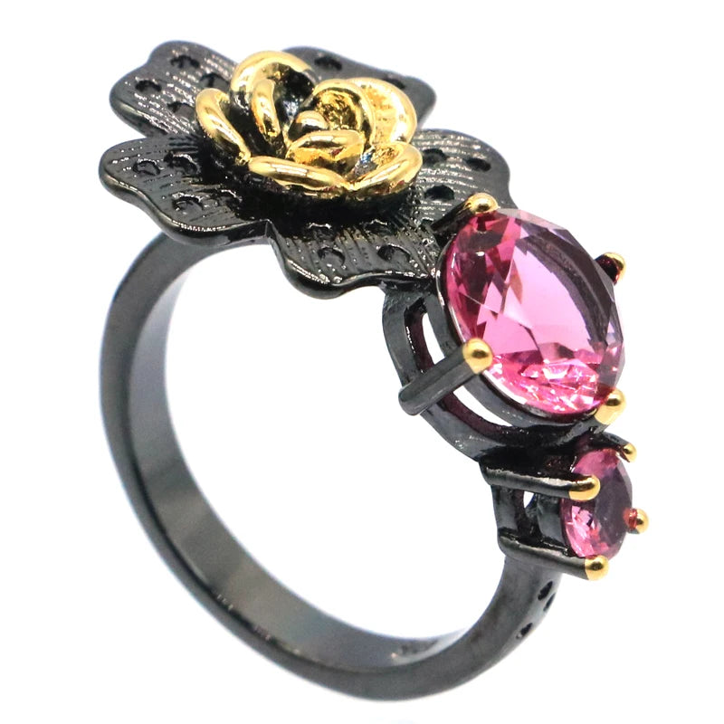 Buy 2 Get 1 Free - Neo-Gothic Silver Rings with Pink Tourmaline and Kunzite, 26x15mm, Cool Black Metal Design for Sister
