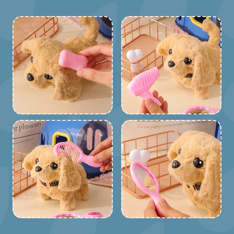 Children’s Pretend Play Pet Care Set with Simulated Electric Plush Dog, Cat, and Rabbit - Walking, Barking Educational Toys for Girls