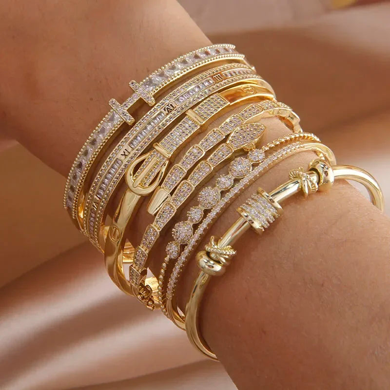 Classic Luxury Shiny Zircon Letter Charm Bracelet - Cubic Zirconia, Gold-Plated Cuff Bracelet for Women, Ideal for Weddings and Parties