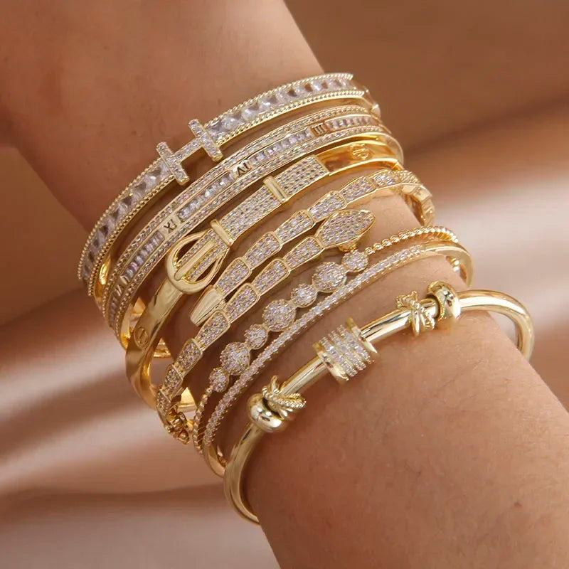 Classic Luxury Shiny Zircon Letter Charm Bracelet - Cubic Zirconia, Gold-Plated Cuff Bracelet for Women, Ideal for Weddings and Parties
