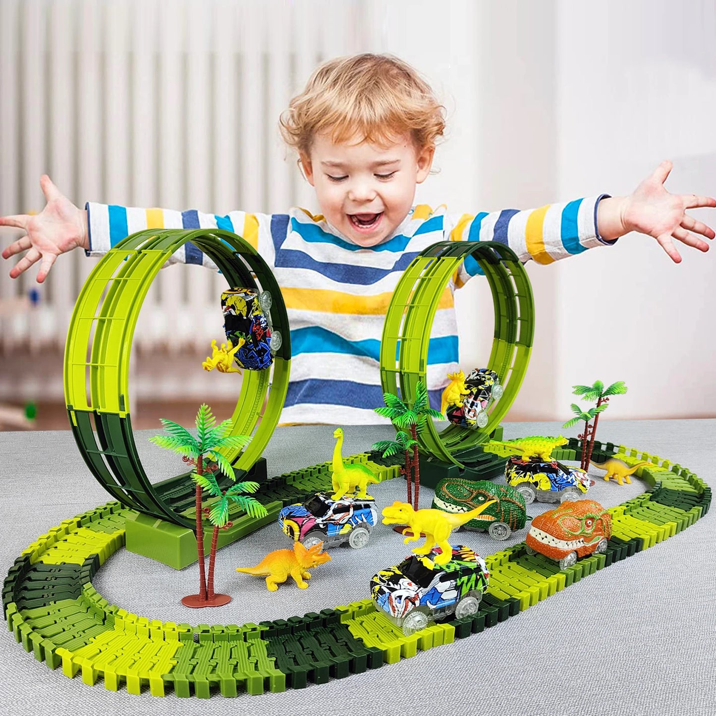 139-Piece Dinosaur World Climbing Track Toy Set - Flexible Road Race Playset with Dinosaur Cars for Boys