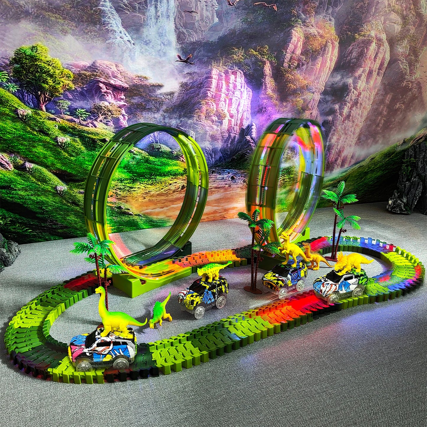 139-Piece Dinosaur World Climbing Track Toy Set - Flexible Road Race Playset with Dinosaur Cars for Boys