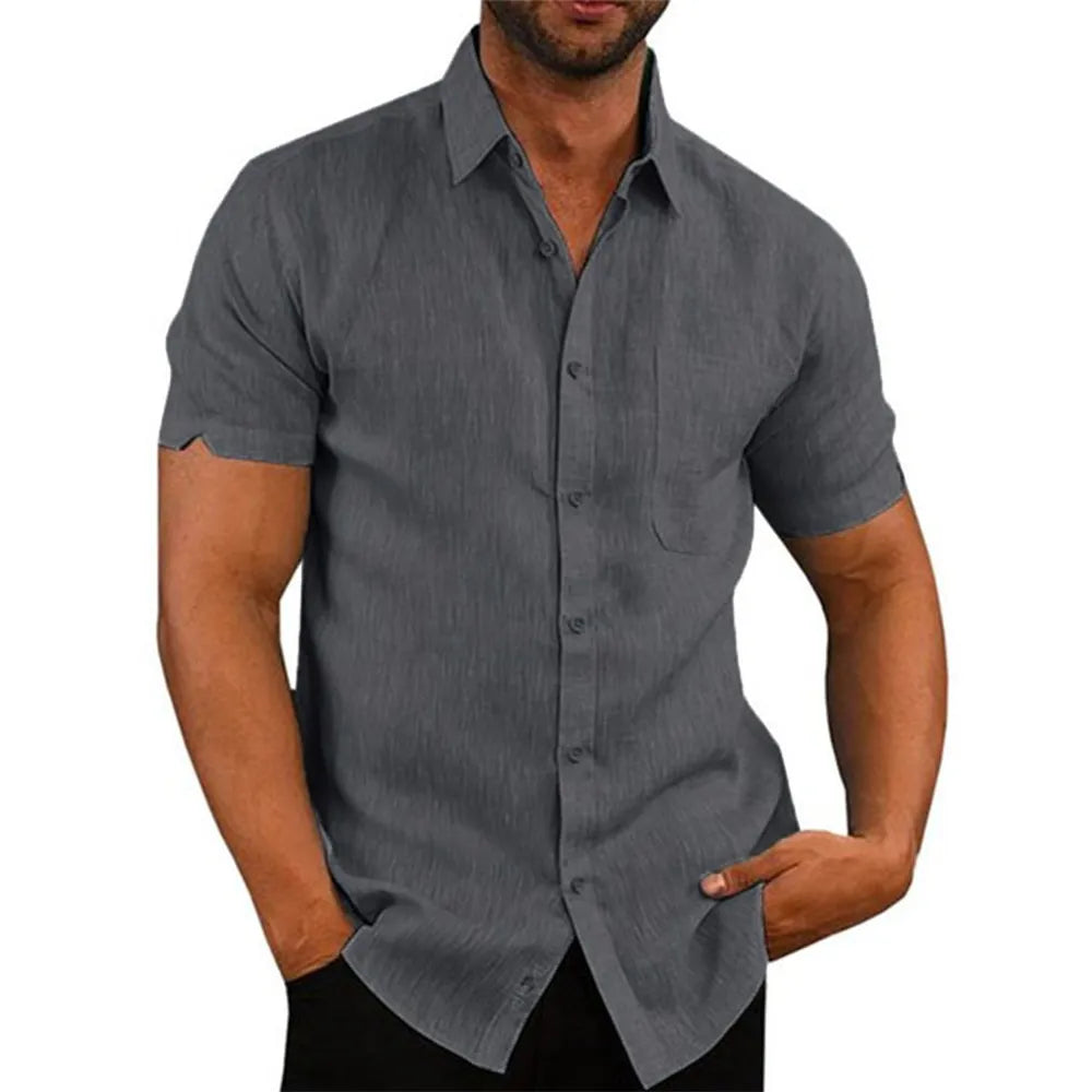 King Billion Cotton Linen Men's Short-Sleeved Shirts - Summer Solid Color Casual Beach Style, Plus Size with Turn-Down Collar