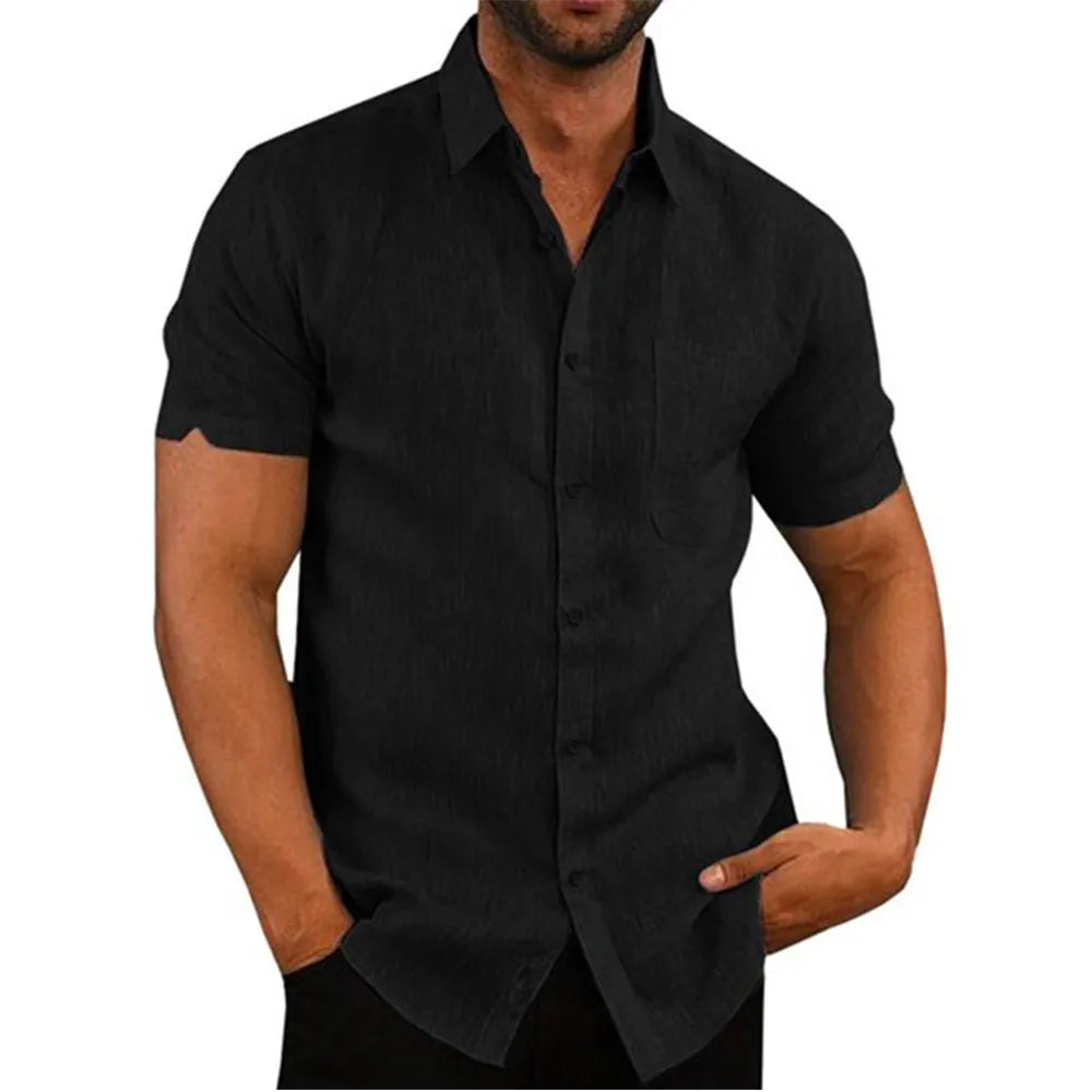 King Billion Cotton Linen Men's Short-Sleeved Shirts - Summer Solid Color Casual Beach Style, Plus Size with Turn-Down Collar