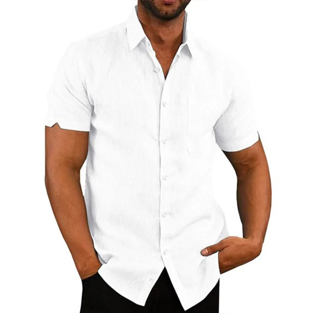 King Billion Cotton Linen Men's Short-Sleeved Shirts - Summer Solid Color Casual Beach Style, Plus Size with Turn-Down Collar
