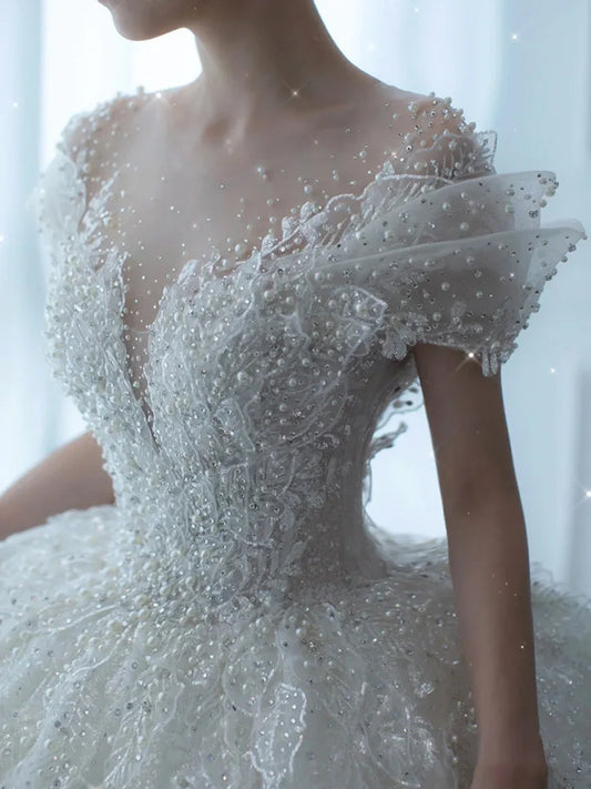 D120 2024 Princess Luxury Crystal Beaded Wedding Dress - Sexy Puff Tulle White Gown for Brides