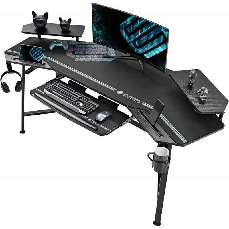 EUREKA ERGONOMIC Gaming Desk with LED Lights - 72" Wing-Shaped Studio Desk with Keyboard Tray, Large Computer Desk with Monitor Shelf