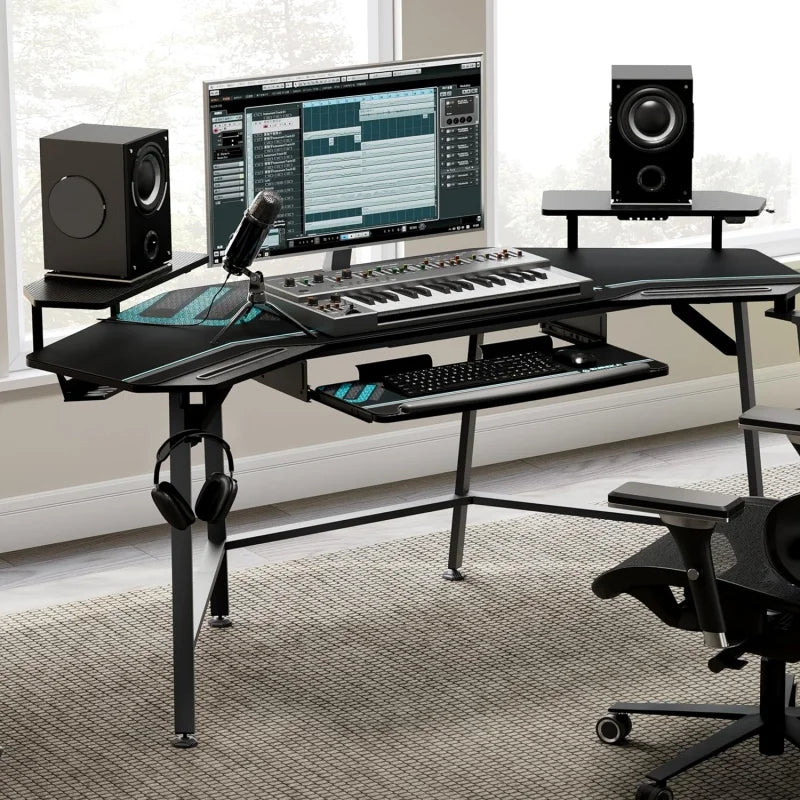 EUREKA ERGONOMIC Gaming Desk with LED Lights - 72" Wing-Shaped Studio Desk with Keyboard Tray, Large Computer Desk with Monitor Shelf