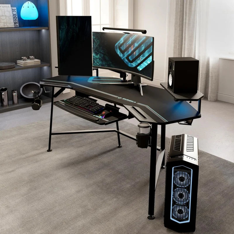 EUREKA ERGONOMIC Gaming Desk with LED Lights - 72" Wing-Shaped Studio Desk with Keyboard Tray, Large Computer Desk with Monitor Shelf