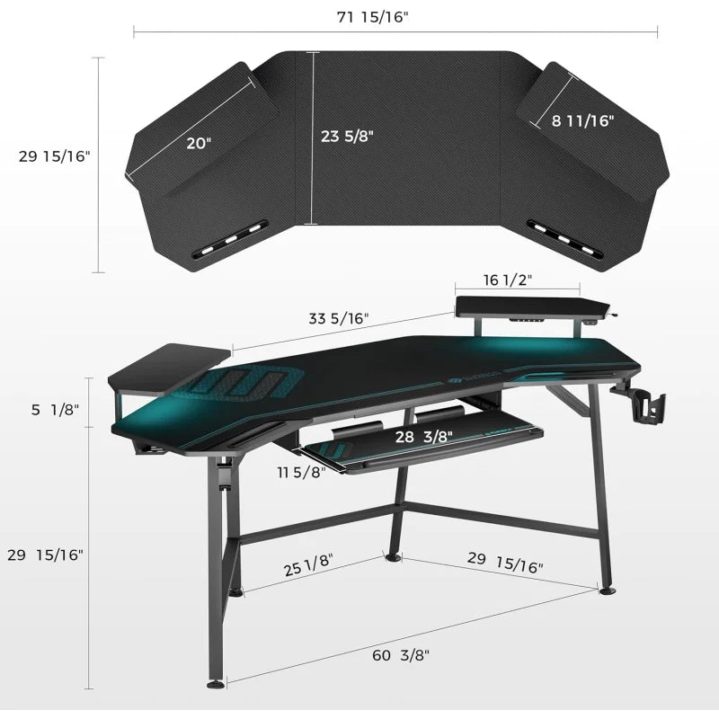 EUREKA ERGONOMIC Gaming Desk with LED Lights - 72" Wing-Shaped Studio Desk with Keyboard Tray, Large Computer Desk with Monitor Shelf