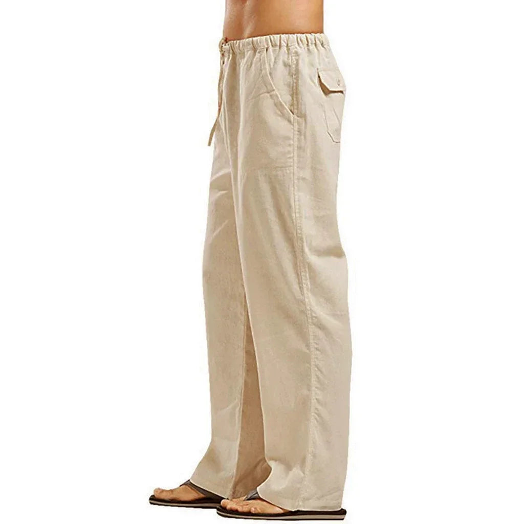 Fashion Men's Linen Pants - Casual Trousers with Multiple Pockets, Breathable Cotton Linen, Solid Color, Drawstring Closure