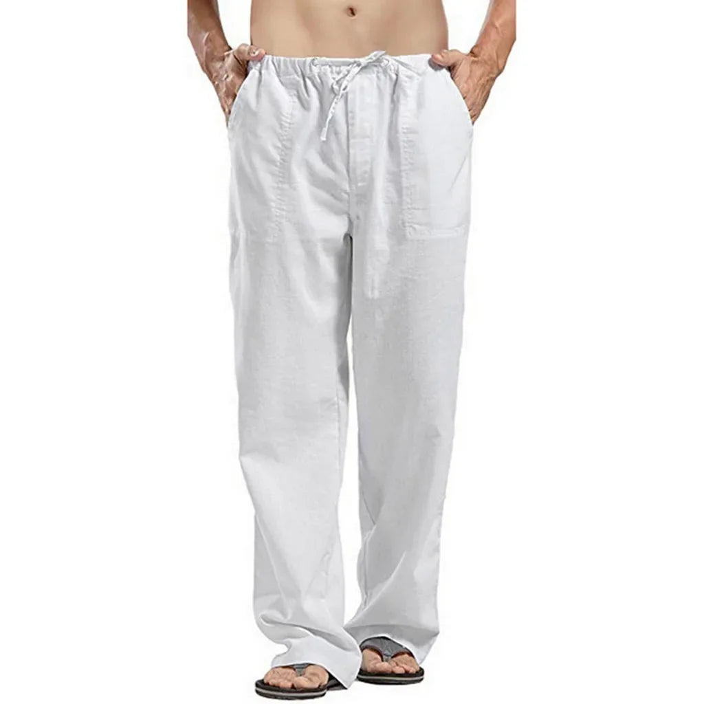 Fashion Men's Linen Pants - Casual Trousers with Multiple Pockets, Breathable Cotton Linen, Solid Color, Drawstring Closure