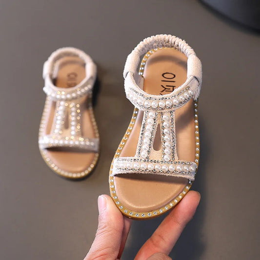 Girls' Summer 2024 Roman Sandals - Elegant Pearl and Rhinestone Princess Shoes