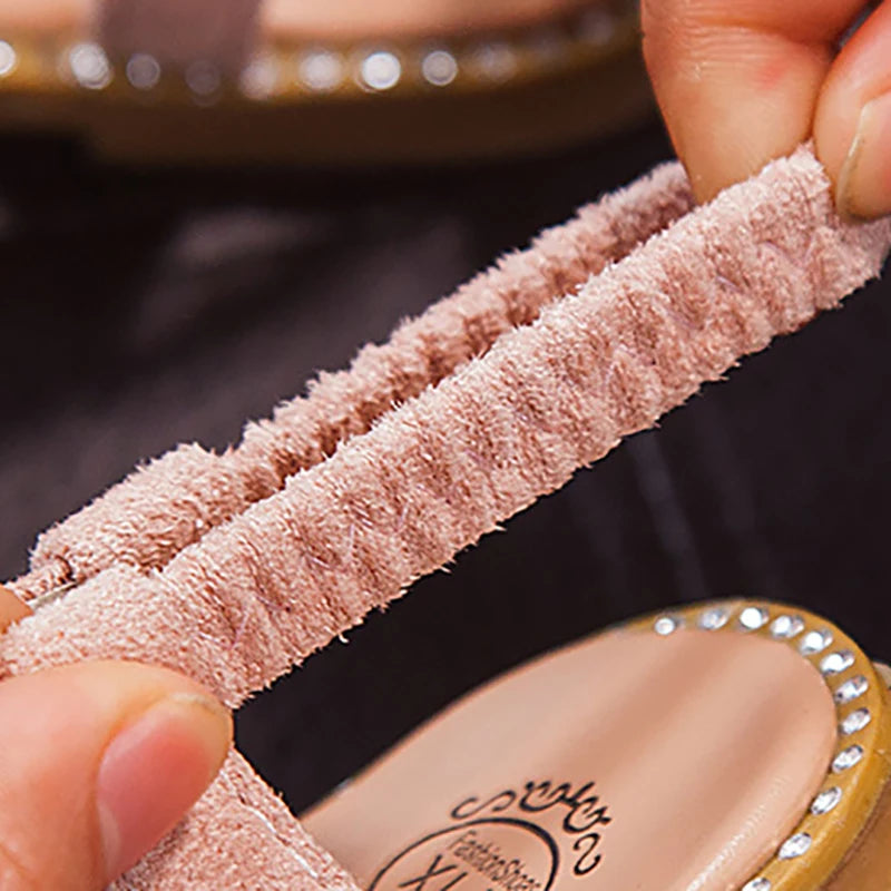 Girls' Summer 2024 Roman Sandals - Elegant Pearl and Rhinestone Princess Shoes