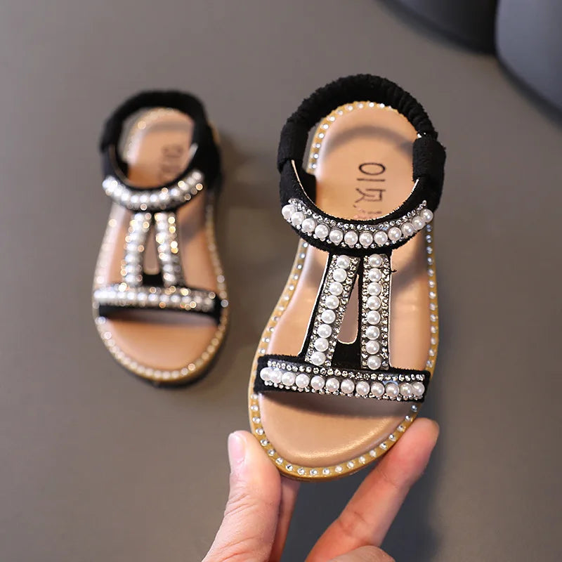 Girls' Summer 2024 Roman Sandals - Elegant Pearl and Rhinestone Princess Shoes