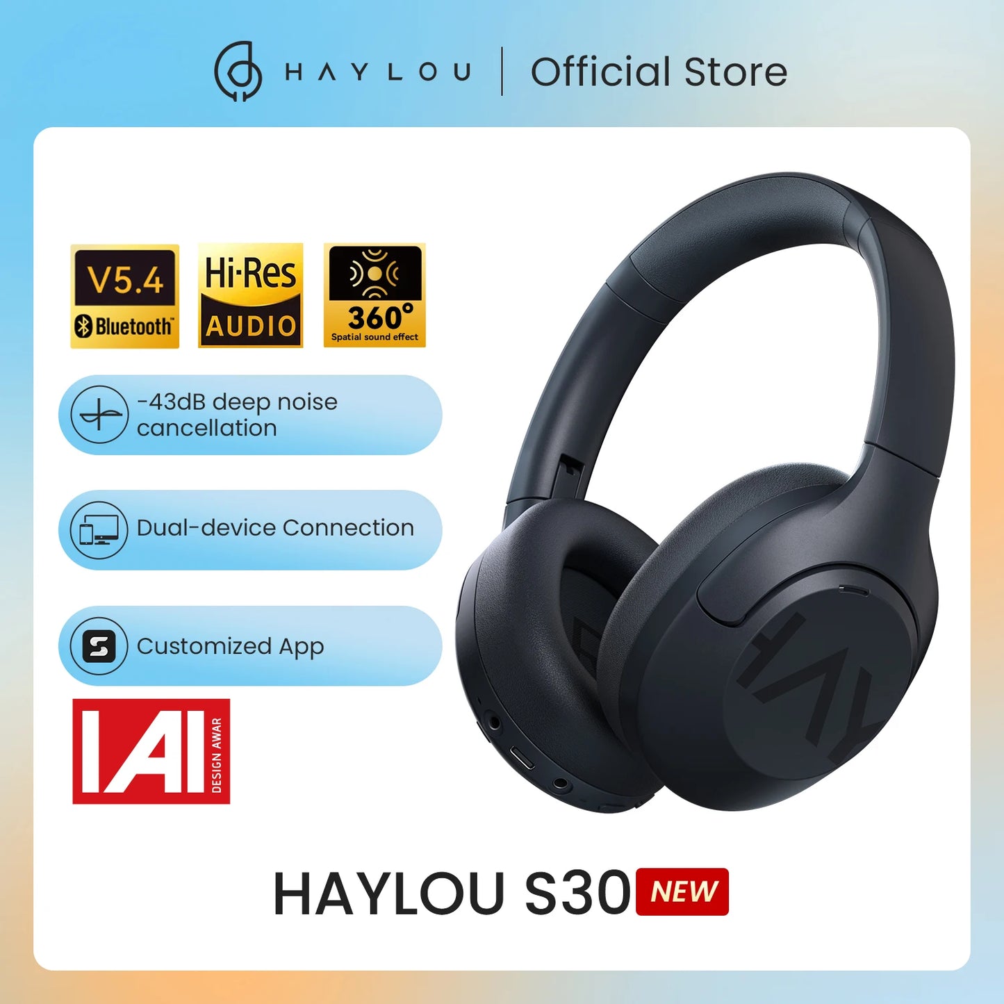 HAYLOU S30 Wireless Bluetooth 5.4 Headphones - 43dB Adaptive Noise Cancelling, 40mm Drivers, 80H Playtime Earphones