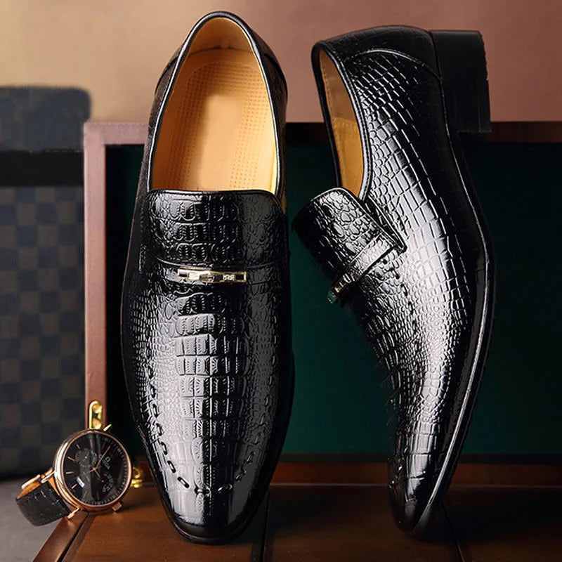 Men's PU Leather Shoes with Luxury Crocodile Pattern - Business Dress Shoes for Casual and Social Occasions, Wedding Footwear